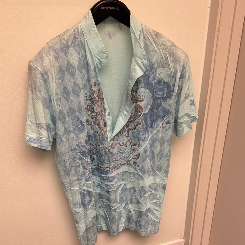 Ami Sanzuri Men's Light Blue mandarin crinkle Pattern Shirt M